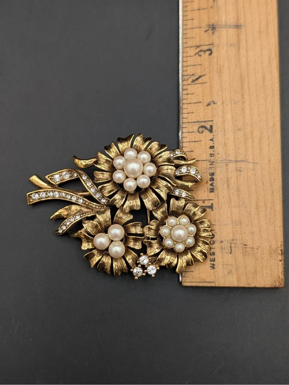 Vintage Monet Floral Bouquet Brooch Pin Gold Tone Faux Pearl Rhinestone Flower